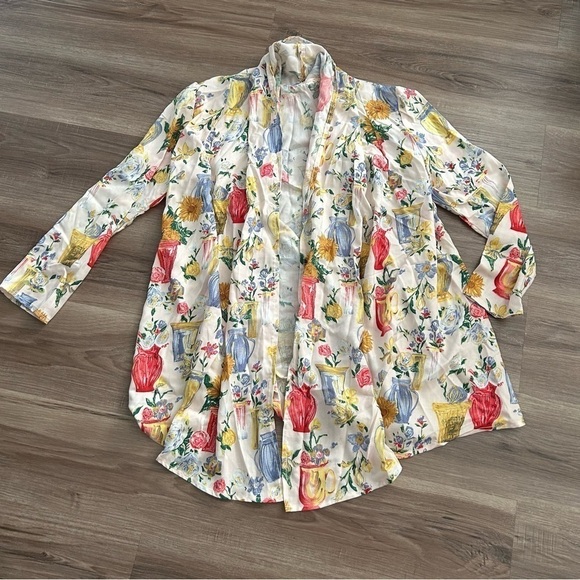 HAND MADE Open Novelty Front Vase Floral Print Cardigan Fit Women Medium - Picture 1 of 6